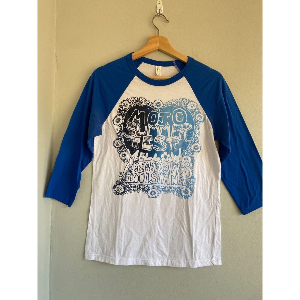 New Mojo Summer Fest Mellow Meadows Louisiana baseball Tee blue Size Small